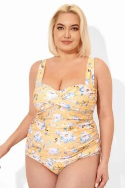 Yellow Floral Printed Retro One Piece Swimsuits -Bikini Bliss Shop b deop097002 5