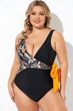 Black Printed Tie Wrap One Piece Swimsuit -Bikini Bliss Shop b deop098005 3