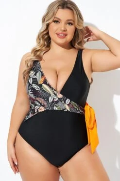 Black Printed Tie Wrap One Piece Swimsuit -Bikini Bliss Shop b deop098005 4