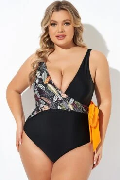 Black Printed Tie Wrap One Piece Swimsuit -Bikini Bliss Shop b deop098005 6