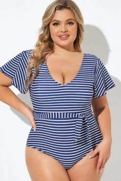 Blue And White Stripe Women One Piece Swimsuit -Bikini Bliss Shop b deop124005 3