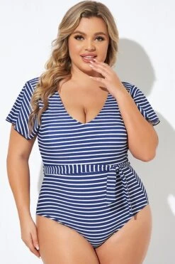 Blue And White Stripe Women One Piece Swimsuit -Bikini Bliss Shop b deop124005 4
