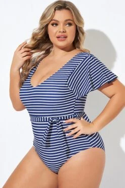 Blue And White Stripe Women One Piece Swimsuit -Bikini Bliss Shop b deop124005 5