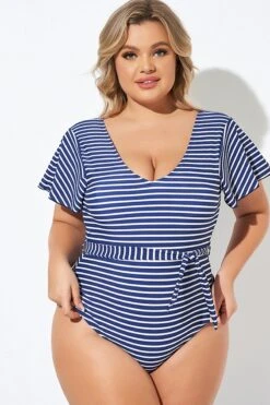 Blue And White Stripe Women One Piece Swimsuit -Bikini Bliss Shop b deop124005 6