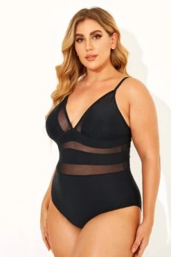 Black Mesh V-neck Women One Piece Swimsuit -Bikini Bliss Shop b deop145001 2