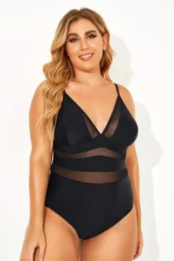 Black Mesh V-neck Women One Piece Swimsuit -Bikini Bliss Shop b deop145001 5