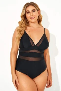 Black Mesh V-neck Women One Piece Swimsuit -Bikini Bliss Shop b deop145001 6