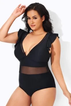 Black Ruffle Plunge V Neck One Piece Swimsuit -Bikini Bliss Shop b deop164001 2