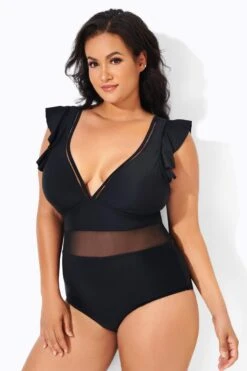 Black Ruffle Plunge V Neck One Piece Swimsuit -Bikini Bliss Shop b deop164001 4