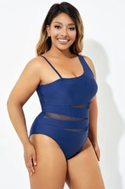 Navy Blue One Shoulder Mesh One Piece Swimsuit -Bikini Bliss Shop b deop181002 6