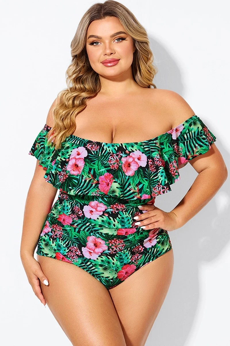 Floral Print Bandeau Off The Shoulder Ruffle One Piece Swimsuit 1 Floral Print Bandeau Off The Shoulder Ruffle One Piece Swimsuit