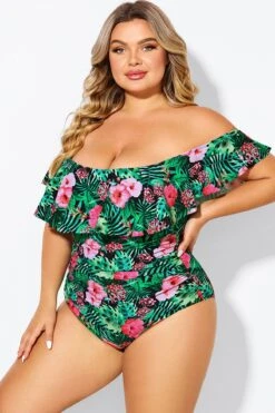 Floral Print Bandeau Off The Shoulder Ruffle One Piece Swimsuit 9 Floral Print Bandeau Off The Shoulder Ruffle One Piece Swimsuit -Bikini Bliss Shop b deop183006 4