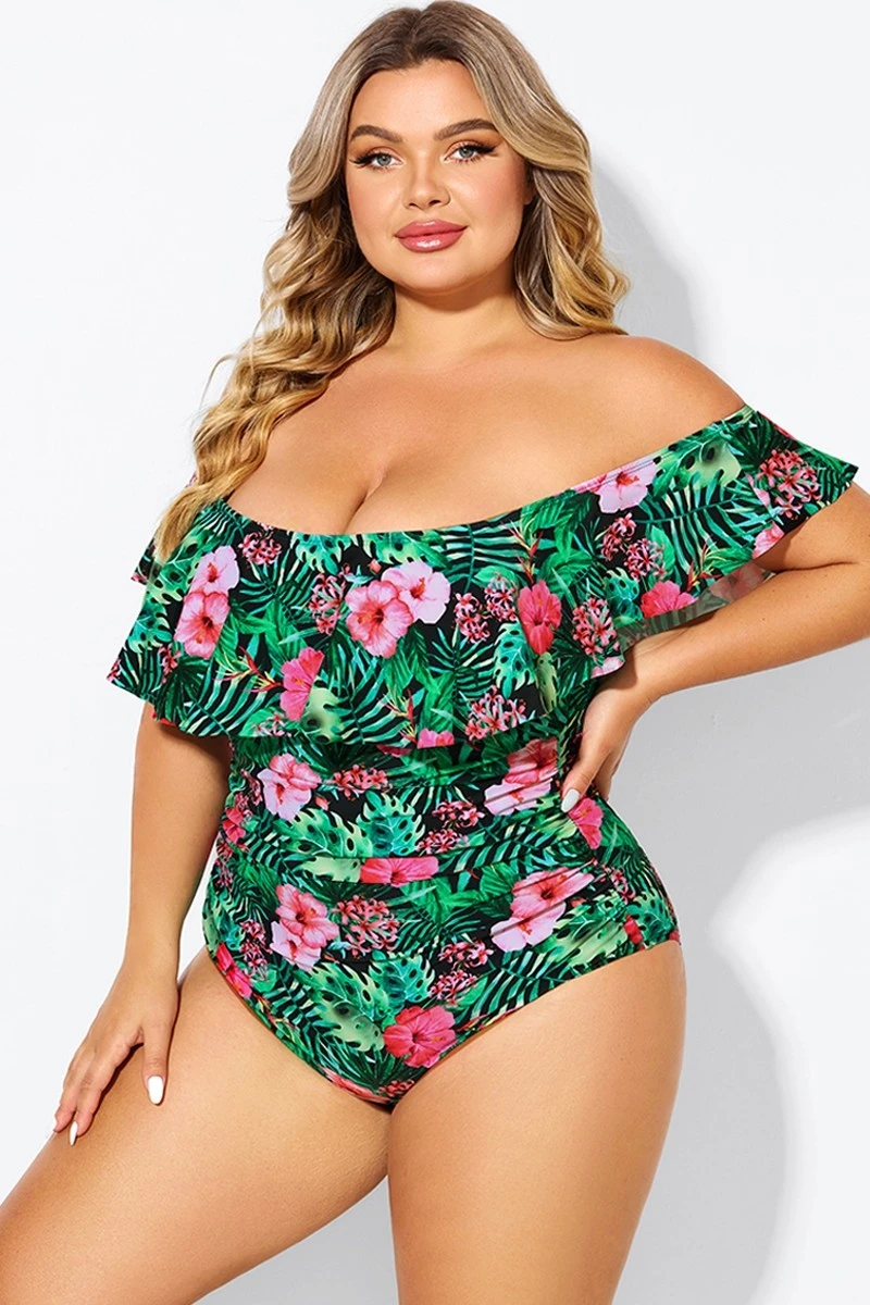 Floral Print Bandeau Off The Shoulder Ruffle One Piece Swimsuit 4 Floral Print Bandeau Off The Shoulder Ruffle One Piece Swimsuit - Image 4
