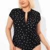 Polka Dots Zipper One Piece Swimsuit With Cap Sleeves
