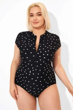 Polka Dots Zipper One Piece Swimsuit With Cap Sleeves -Bikini Bliss Shop b deop187001 5