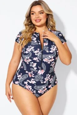 Pink Floral Tummy Control Cap Sleeves One Piece Swimsuit -Bikini Bliss Shop b deop187002 3