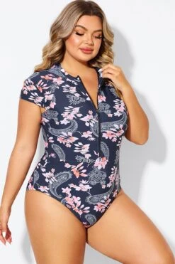 Pink Floral Tummy Control Cap Sleeves One Piece Swimsuit -Bikini Bliss Shop b deop187002 5