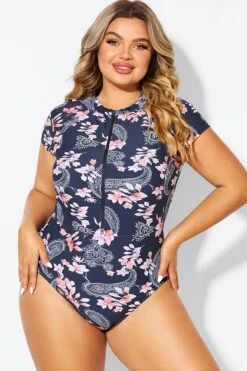 Pink Floral Tummy Control Cap Sleeves One Piece Swimsuit -Bikini Bliss Shop b deop187002 6