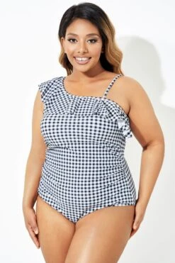 Black & White Gingham One-Shoulder One Piece Swimsuit -Bikini Bliss Shop b deop190001 6