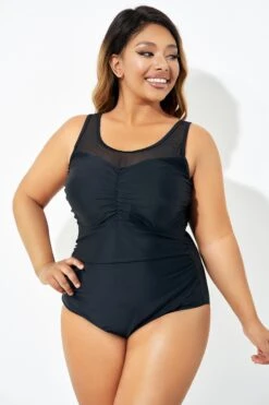 Black Mesh Ruching Tummy Control One Piece Swimsuit -Bikini Bliss Shop b deop209001 3