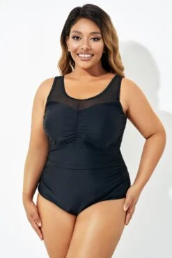 Black Mesh Ruching Tummy Control One Piece Swimsuit -Bikini Bliss Shop b deop209001 5