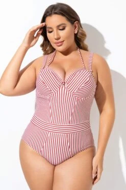 Vintage Red Stripe Underwire One Piece Swimsuit