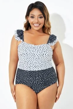 Black & White Polka Dots Ruffles One Piece Swimsuit -Bikini Bliss Shop b deop223001 3