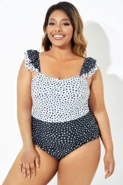 Black & White Polka Dots Ruffles One Piece Swimsuit -Bikini Bliss Shop b deop223001 6