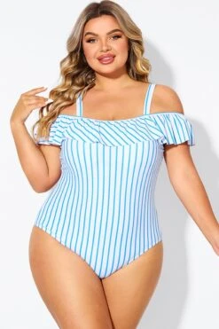 Blue & White Striped Off The Shoulder One Piece Swimsuit -Bikini Bliss Shop b deop263002 1