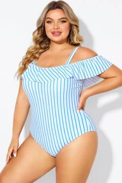 Blue & White Striped Off The Shoulder One Piece Swimsuit -Bikini Bliss Shop b deop263002 4