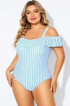 Blue & White Striped Off The Shoulder One Piece Swimsuit -Bikini Bliss Shop b deop263002 5