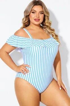 Blue & White Striped Off The Shoulder One Piece Swimsuit -Bikini Bliss Shop b deop263002 6
