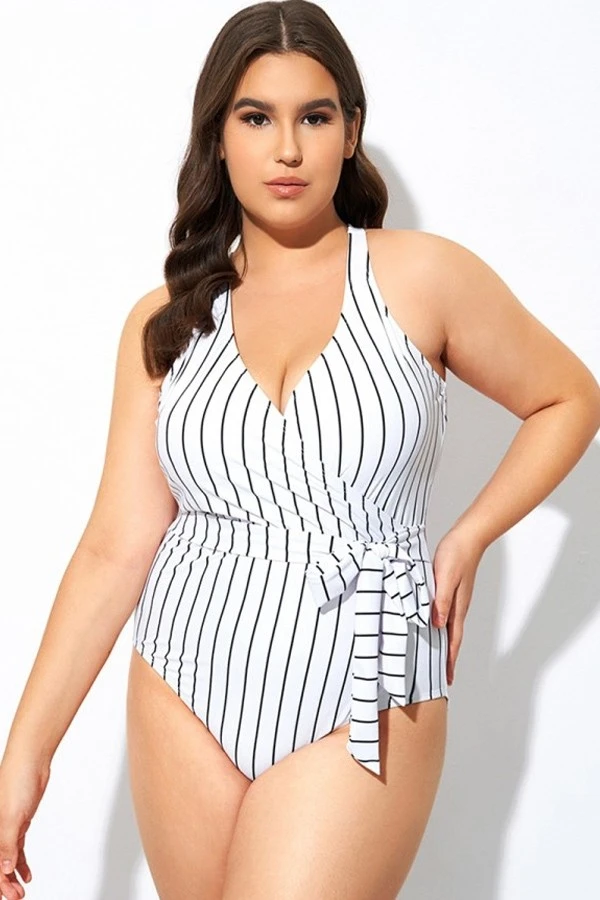 Stripe Print Tie Front Center One Piece Swimsuit 1 Stripe Print Tie Front Center One Piece Swimsuit