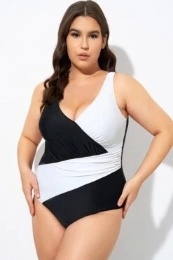 Black And White Plunge V-neckline One Piece Swimsuit