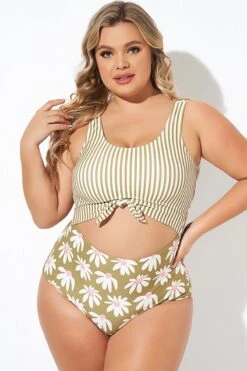 Cactus Stripe Daisy Knotted One Piece Swimsuit -Bikini Bliss Shop b deop271001 6