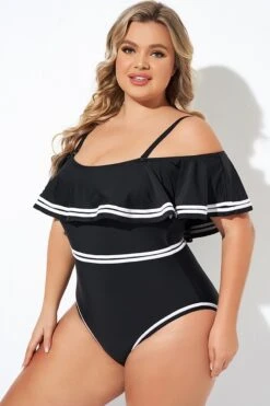 Black And White Off Shoulder Ruffles One Piece Swimsuit -Bikini Bliss Shop b deop272001 1 1