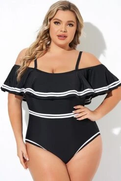 Black And White Off Shoulder Ruffles One Piece Swimsuit -Bikini Bliss Shop b deop272001 3