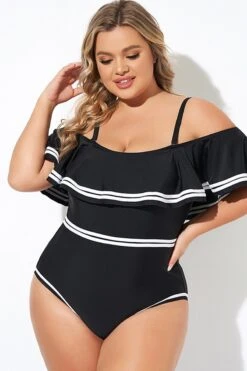 Black And White Off Shoulder Ruffles One Piece Swimsuit -Bikini Bliss Shop b deop272001 5