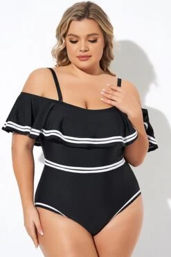 Black And White Off Shoulder Ruffles One Piece Swimsuit -Bikini Bliss Shop b deop272001 6