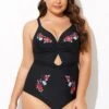 Black Flower Adjustable Straps Cut Out Front One Piece Swimsuit