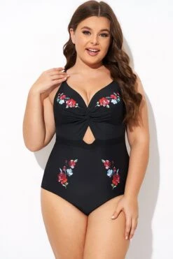 Black Flower Adjustable Straps Cut Out Front One Piece Swimsuit -Bikini Bliss Shop b deop275001 3