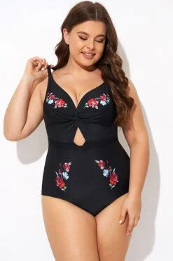 Black Flower Adjustable Straps Cut Out Front One Piece Swimsuit -Bikini Bliss Shop b deop275001 4