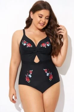 Black Flower Adjustable Straps Cut Out Front One Piece Swimsuit -Bikini Bliss Shop b deop275001 5