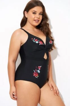Black Flower Adjustable Straps Cut Out Front One Piece Swimsuit -Bikini Bliss Shop b deop275001 6