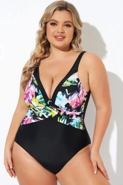 Elegant Flower Print V-neckline One Piece Swimsuit -Bikini Bliss Shop b deop276001 4