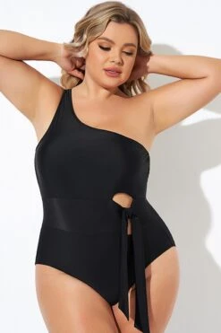 Black One Shoulder Tie One Piece Swimsuit -Bikini Bliss Shop b deop277001 3