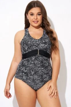 Black & White Zebra Print Ruched Front One Piece Swimsuit -Bikini Bliss Shop b deop278001 3