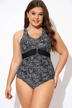 Black & White Zebra Print Ruched Front One Piece Swimsuit -Bikini Bliss Shop b deop278001 4