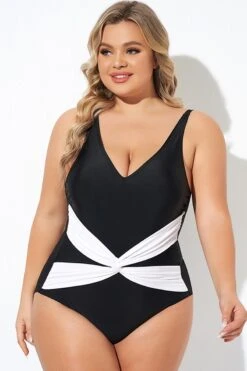 Black And White Twist Front One Piece Swimsuit -Bikini Bliss Shop b deop285001 3