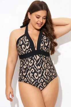 Deep V Neck Pattern Halterneck One Piece Swimsuit -Bikini Bliss Shop b deop287001 4